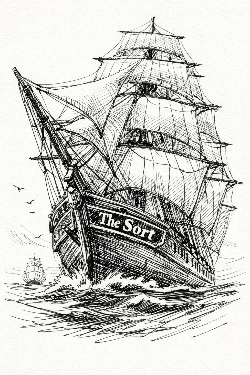 Black-ink sketch of the tall ship named The Sort, seen from low at the cross-bow